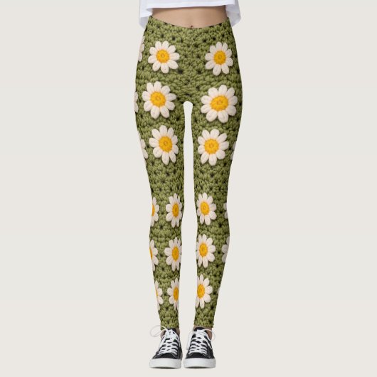 Green Daisy Granny Square Crochet Pattern Floral Leggings (Voorkant)