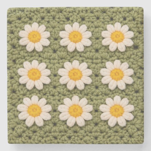 Green Daisy Granny Square Crochet Pattern Floral Stenen Onderzetter (Voorkant)