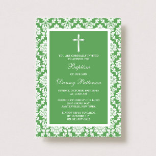 Green Damask Cross Baptisme of Christening Kaart