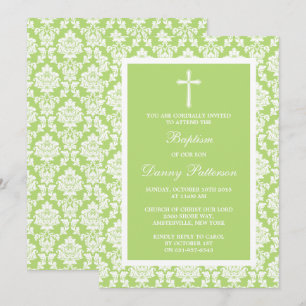 Green Damask Cross Baptisme of Christening Kaart
