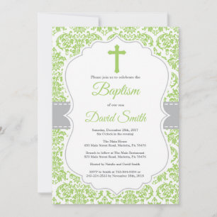 Green Damask Cross doop uitnodiging