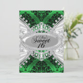 Green Damask & Diamond Tiara Sweet 16 Invite Kaart (Staand voorkant)