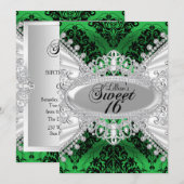 Green Damask & Diamond Tiara Sweet 16 Invite Kaart (Voorkant / Achterkant)