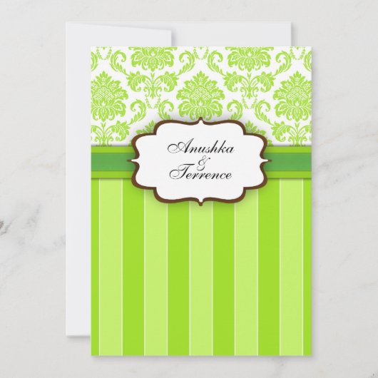 Green Damask en Stripes Wedding Invitation Kaart (Voorkant)