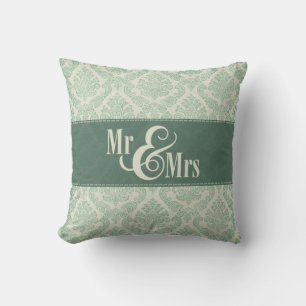 Green Damask "Mr & Mrs." kussen, gepersonaliseerd Kussen