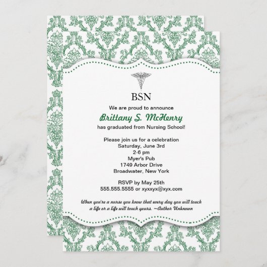Green Damask Nurse afstuderen pinning nodigt uit Kaart (Voorkant / Achterkant)