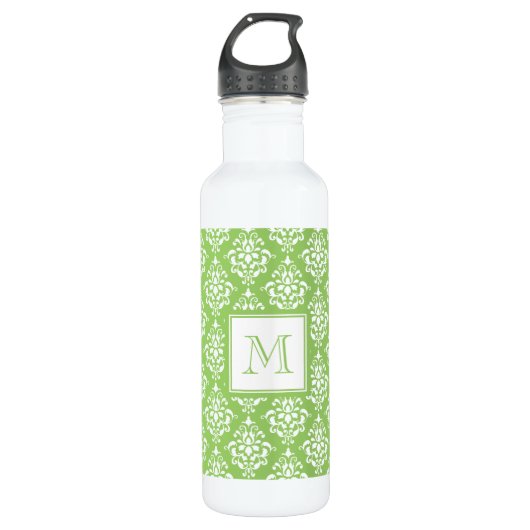 Green Damask Patroon 1 met Monogram Waterfles (Voorkant)