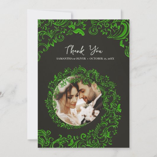Green Damask Wedding Dank u fotokaart Bedankkaart (Voorkant)