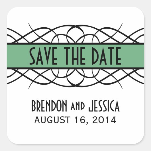Green Deco Flourish Save the Date Stickers (Devant)