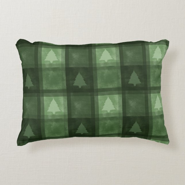 Green Decorative Plaid With Fir Trees Christmas Accent Kussen (Voorkant)