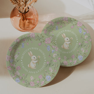 Green Delicate Vintage Floral Bunny Baby Shower Papieren Bordje