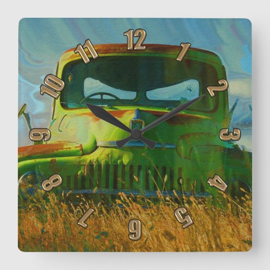 Green Derelict Boerderij Truck Wall Clock Vierkante Klok (Voorkant)