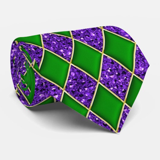 Green Diamond Paars Sequin Pattern Mardi Gras Stro Stropdas (Opgerold)