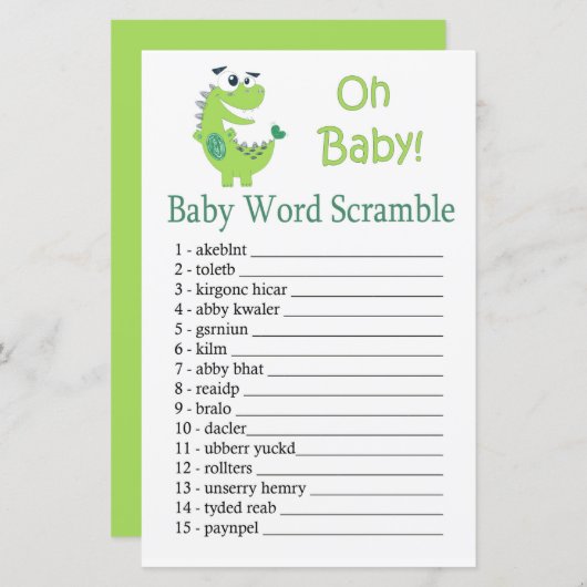 Green Dinosaur Baby word scramble game (Voorkant / Achterkant)
