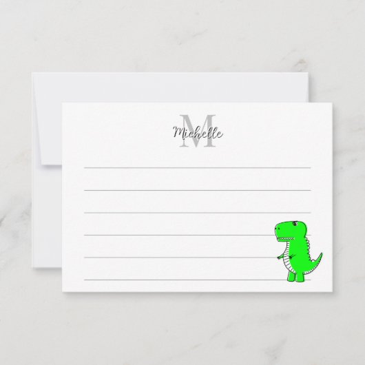 Green Dinosaur Drawing Custom Lined Monogram Notitiekaartje (Voorkant)
