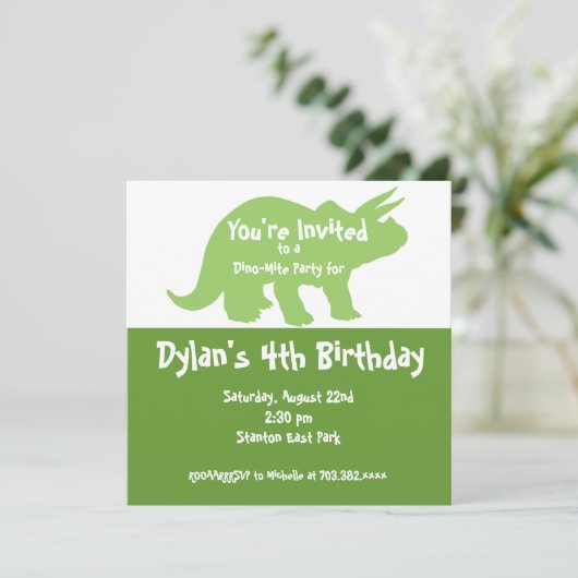 Green Dinosaur Invitations de fête d'anniversaire (Debout devant)