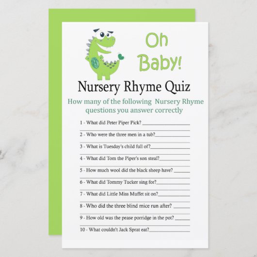 Green Dinosaur Nursery Rhyme Quiz baby shower game (Voorkant / Achterkant)