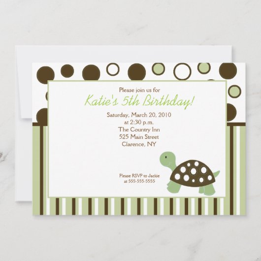 Green Dot Turtle Moderne 5x7 Invitation d'annivers (Devant)