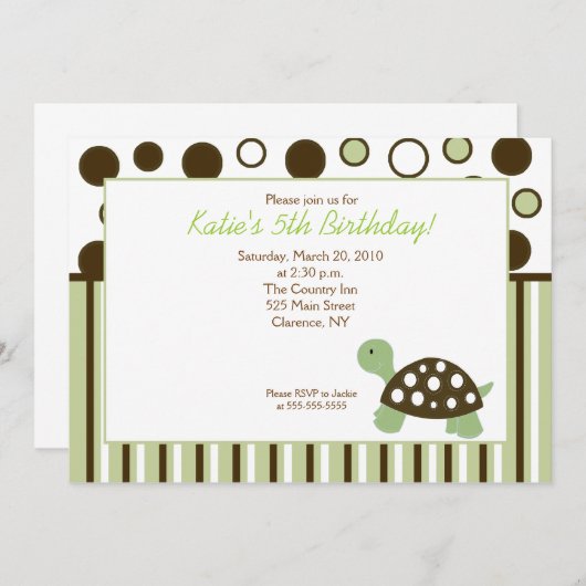 Green Dot Turtle Moderne 5x7 Invitation d'annivers (Devant / Derrière)
