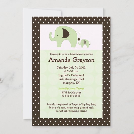 Green Dottie Elephant 5x7 Baby shower Invitation (Devant)