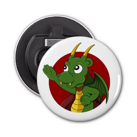 Green dragon cartoon button flesopener (Voorkant)