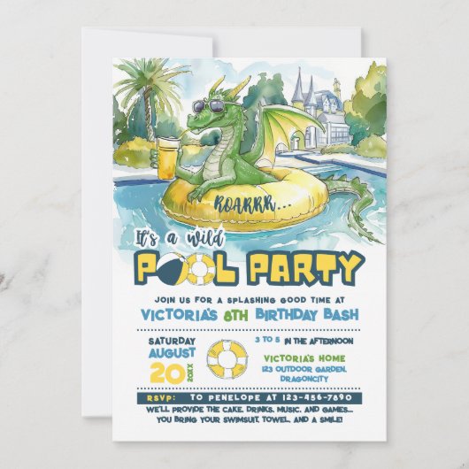 Green Dragon Pool Party Anniversaire Invitation (Devant)