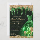 Green Dress en Gold Dripping Glitter Sweet 16 Kaart (Voorkant)
