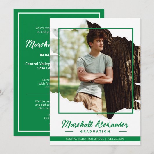 Green Edgy Abstract Torn Photo Afstuderen Kaart (Voorkant / Achterkant)