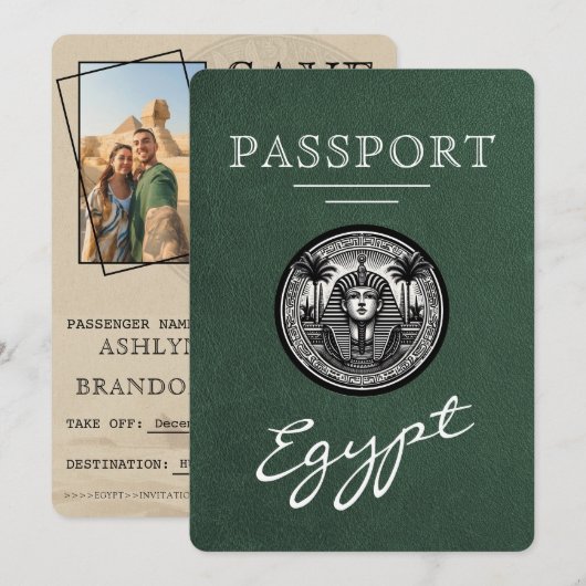 Green Egypt Passport Wedding Save the Date (Voorkant / Achterkant)