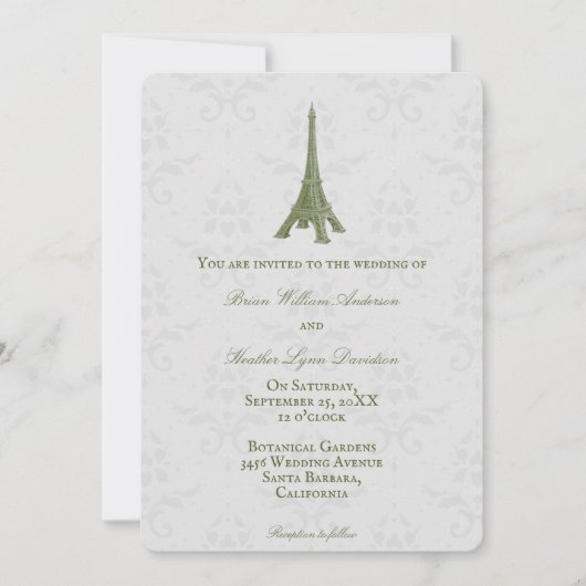 Green Eiffel Tower Mariage damassé Invitation (Devant)