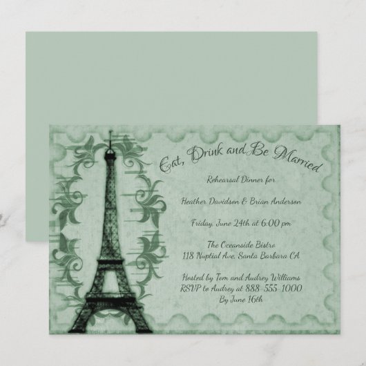 Green Eiffel Tower Rehearsal Dinner Invitation Kaart (Voorkant / Achterkant)