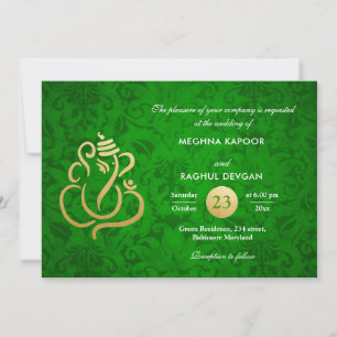 Green Elegant Gold Foil Ganesha Indian Damask  Kaart