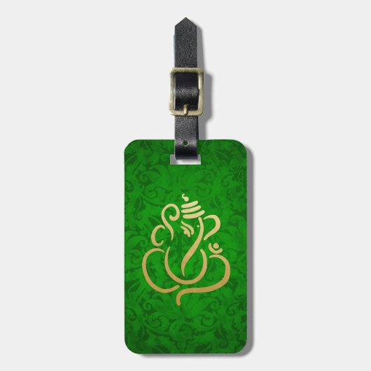 Green Elegant Gold Ganesha Indian Damask Patroon Bagagelabel (Voorkant verticaal)