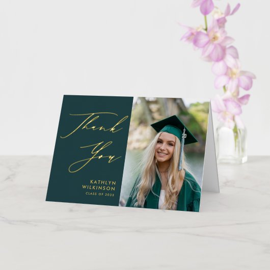 Green Elegant Gold Script Afstuderen Hartelijk dan Folie Wenskaart (Orchidee)