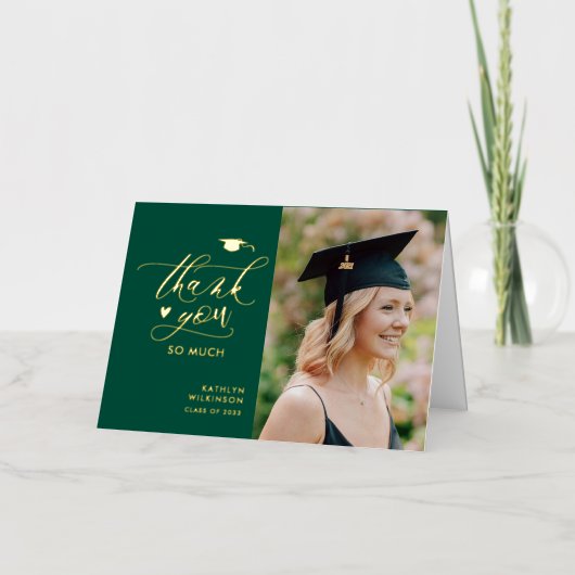 Green Elegant Gold Script Afstuderen Hartelijk dan Folie Wenskaart (Voorkant)