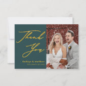 Green Elegant Gold Script Modern Photo Wedding Bedankkaart (Voorkant)