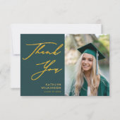 Green Elegant Gold Script Simple Photo Afstuderen Bedankkaart (Voorkant)