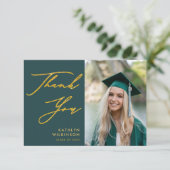 Green Elegant Gold Script Simple Photo Afstuderen Bedankkaart (Staand voorkant)