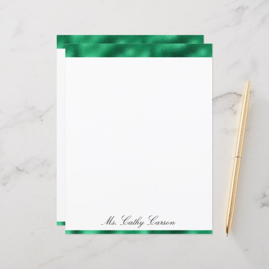 Green Elegant Metallic Satin Name Shiny Briefpapie (Voorkant / Achterkant in situ)