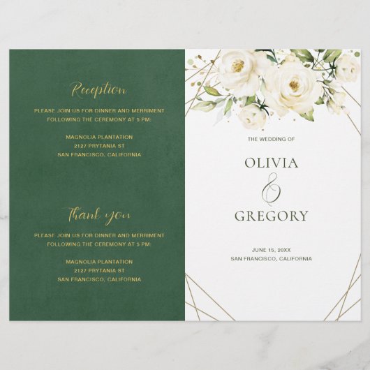 Green Elegant Rose blanche Programme de mariage (Devant)