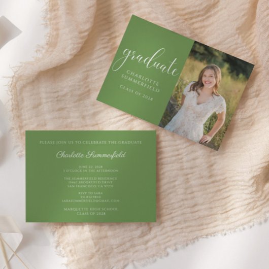 Green Elegant Script Graduation Photo | Invitation