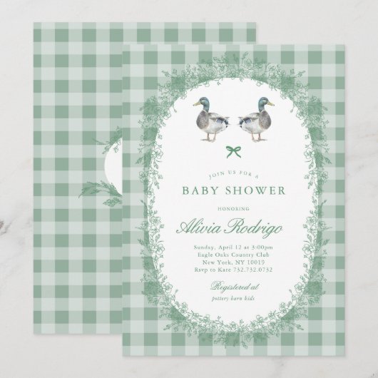 Green En vichy Mallard Duck Baby shower Invitation (Devant / Derrière)