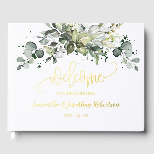 Green Eucalyptus Bienvenue Mariage Foil Guestbook (Recto)