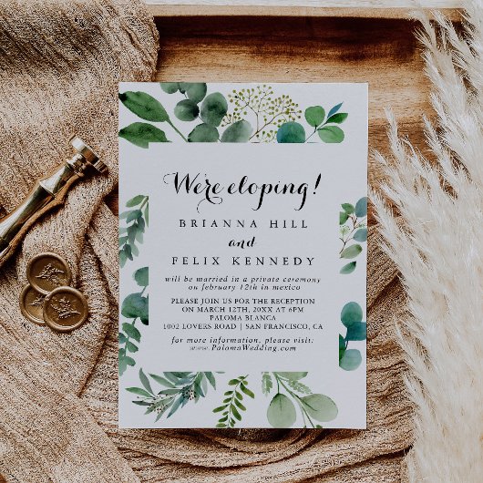 Green Eucalyptus Calligraphy Elopement Reception Kaart