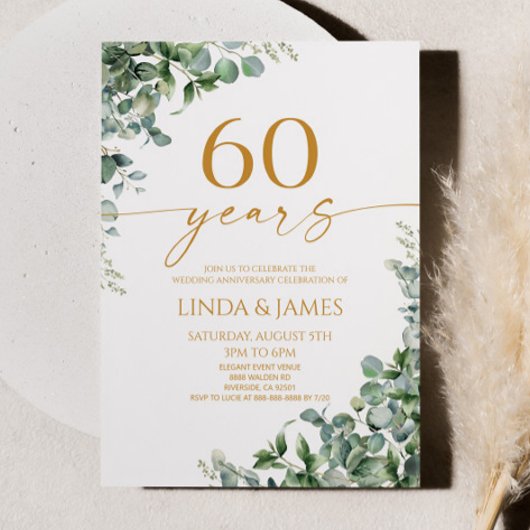 Green Eucalyptus Gold 60th Wedding Anniversary Kaart