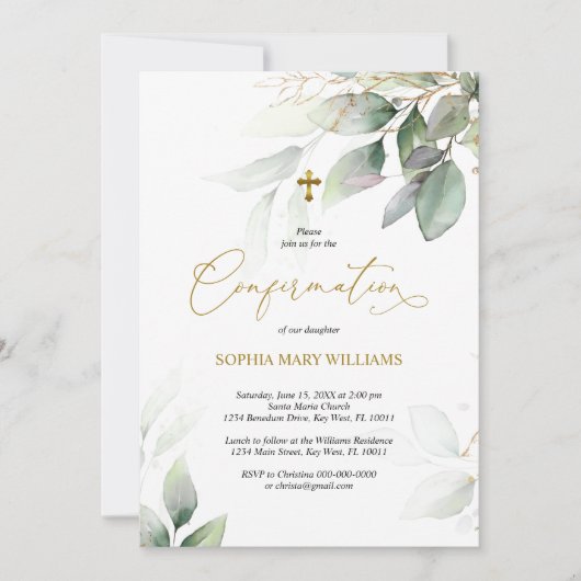 Green Eucalyptus & Gold Confirmation Invitation (Devant)