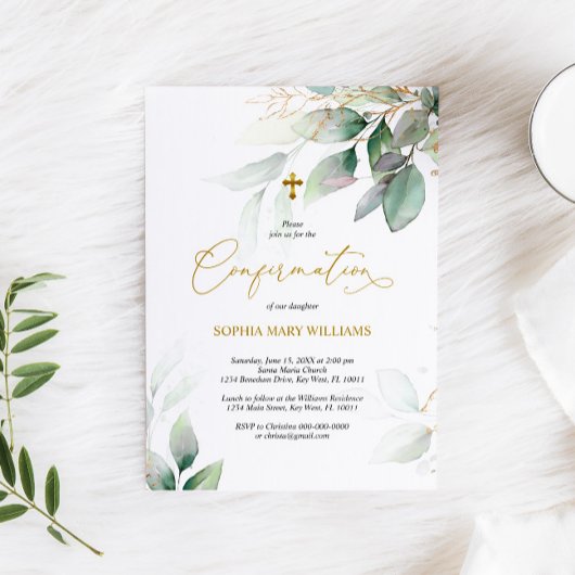 Green Eucalyptus & Gold Confirmation Kaart