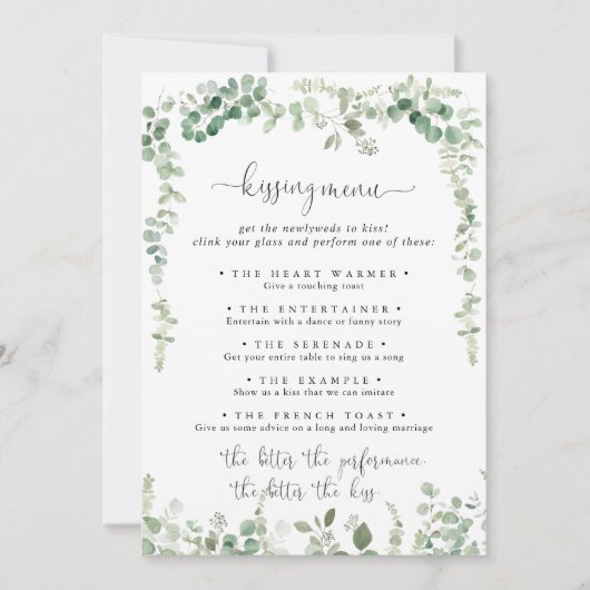 Green Eucalyptus Mariage Kissing Menu Carte de jeu (Devant)