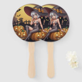 Green Eye Halloween Witch voor Jack-O-Lantern Handwaaier (Voorkant en achterkant)