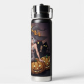 Green Eye Halloween Witch voor Jack-O-Lantern Waterfles (Achterkant)